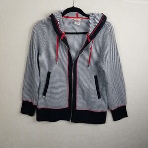 Norm Thompson Womens SP Striped Zip Up Hoodie Jacket Black White Red Trim